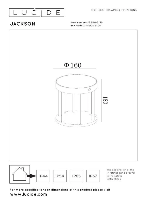 Lucide JACKSON - Pollerleuchte - Sonnenenergie - Ø 16 cm - LED Dim. - 1x2W 3000K - IP54 - Bewegung und Tag/Nacht-Sensor - Schwarz - technisch
